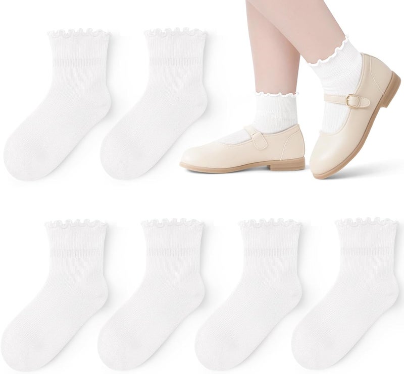 Lainlight Store 6 Pairs White Girls Ruffle Socks Toddler Kids School Uniform Soft Cotton Frilly Dress Socks Seamless Toe - Image 1